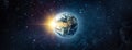 Panoramic view of the Earth, sun, star and galaxy. Sunrise over planet Earth, view from space. Concept on the theme of ecology, Royalty Free Stock Photo