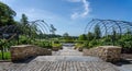 Panoramic view of the egg shaped formal gardens with ornate metal pergolas at The Newt, near Bruton, Somerset, UK