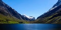 Panoramic view of Eidsvatnet Lake with bright blue sky Royalty Free Stock Photo