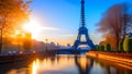 Panoramic view of the Eiffel Tower from the banks of the Seine in the early morning sun. Paris, France Royalty Free Stock Photo