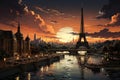 Panoramic view of the Eiffel Tower at sunset, Paris, France Generative AI Generative AI