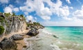 Panoramic view of El Castillo and Caribbean beach - Mayan Ruins of Tulum, Mexico Royalty Free Stock Photo