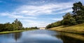 Panoramic view of the Emperor Fountain and Canal pond in front of Chatsworth House in Derbyshire, UK