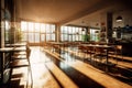 Panoramic view of empty cafeteria with soft morning light