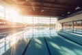 Panoramic view of empty interior of Olympic swimming pool