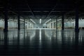 Panoramic view on empty pavilion hall under construction, with dark front and light on the back wall, floor reflection. Interior m Royalty Free Stock Photo