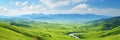 panoramic view of endless green fields under a serene blue sky with fluffy white clouds