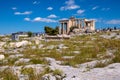 Panoramic view of Erechtheion or Erechtheum - temple of Athena and Poseidon - within ancient Athenian Acropolis complex atop