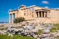 Panoramic view of Erechtheion or Erechtheum - temple of Athena and Poseidon - within ancient Athenian Acropolis complex atop