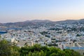Panoramic View of Ermoupolis City, Syros Island, Greece at Sunset. Beautiful Bay and View of the Aegean Sea, Mountains and Sky.