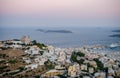 Panoramic View of Ermoupolis City in Syros Island, Greece at Sunset. Nice Seascape and Greek Horizon View of Aegean Sea Royalty Free Stock Photo