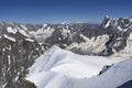 A panoramic view of European Alps on a sunny day. Mount Blanc as a highest mountain in Europe covered with snow and glacier. Royalty Free Stock Photo