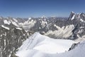 A panoramic view of European Alps on a sunny day. Mount Blanc as a highest mountain in Europe covered with snow and glacier. Royalty Free Stock Photo