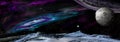 Panoramic view of exoplanets with their satellite on a background of space nebula