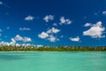 Panoramic view of Exotic Palm trees and lagoon on the tropical Island beach Royalty Free Stock Photo