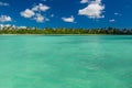 Panoramic view of Exotic Palm trees and lagoon on the tropical Island beach Royalty Free Stock Photo