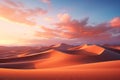 A panoramic view of an expansive desert landscape, with sand dunes stretching out as far as the ey