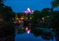 Panoramic view of Expedition Everest mountain, river and rainforest on blue night background in Animal Kingdom 2