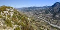 Panoramic view of Eygues river valley from Saint Laurent Plateau in Baronnies Natural Regional park. The top of Vautour de Remuzat