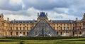 Panoramic view of the facade of the famous Louvre Museum, one of the world`s largest art museums and a historic monument in Paris