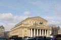 Panoramic view of facade of main building of Bolshoi Theater, Moscow, Russia