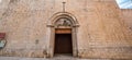 Panoramic view of facade and main entrance of Saint Peter church (Esglesia de Sant Pere) Romanesque Style Catholic church