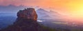 Panoramic view of famous ancient stone fortress Sigiriya Lion Rock on island of Sri Lanka.