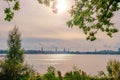 Panoramic view of famous Binnenalster (Inner Alster Lake) in golden evening light at sunset, Hamburg, Germany Royalty Free Stock Photo