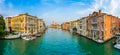 Panoramic view of famous Canal Grande and Basilica di Santa Maria della Salute at sunset in Venice, Italy Royalty Free Stock Photo