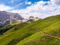 Panoramic view of famous Dolomites mountain peaks glowing in beautiful golden evening light in summer, South Tyrol, Italy. Dolomit Royalty Free Stock Photo