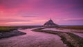 Panoramic view of famous Le Mont Saint-Michel tidal island at sunset, Normandy, northern France