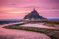 Panoramic view of famous Le Mont Saint-Michel tidal island at sunset, Normandy, northern France Royalty Free Stock Photo