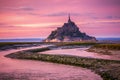 Panoramic view of famous Le Mont Saint-Michel tidal island at sunset, Normandy, northern France