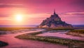 Panoramic view of famous Le Mont Saint-Michel tidal island at sunset, Normandy, northern France Royalty Free Stock Photo