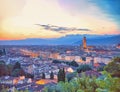 Panoramic view of famous Ponte Vecchio with river Arno at sunset in Florence, Tuscany, Italy. Arno river and Ponte Vecchio Royalty Free Stock Photo