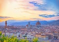 Panoramic view of famous Ponte Vecchio with river Arno at sunset in Florence, Tuscany, Italy. Panorama View of Florence / Firenze Royalty Free Stock Photo