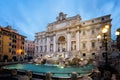 Panoramic view of famous Rome Trevi Fountain in blue hour before sunrise