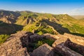 View of the famous Smbataberd fortress in the Armenian Transcaucasia with gorgeous views of mountain valleys at golden