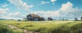 Panoramic view of a farm house in the middle of a wheat field Royalty Free Stock Photo