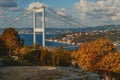 Panoramic view with Fatih Sultan Mehmet bridge over Bosphorus in autumn at Istanbul Royalty Free Stock Photo