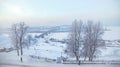 Panoramic view from the Fedorovsky embankment on Kanavinsky bridge and Strelka in Nizhny Novgorod city. In wintertime