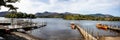 Panoramic view of ferries on the jetty on Derwentwater Lake at Keswick, Cumbria, UK