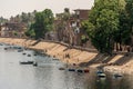 Panoramic view of fertile banks of Nile and everyday life during river cruise River near Luxor Egypt direction assuan