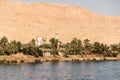 Panoramic view of fertile banks of Nile and everyday life during river cruise River near Luxor Egypt direction assuan