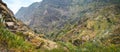 Panoramic view of the fertile ravine valley with its agricultural terraces on Santa Antao island in Cape Verde Royalty Free Stock Photo
