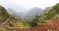 Panoramic view of the fertile ravine valley with volcanic mountain ridges on Santa Antao island in Cape Verde Royalty Free Stock Photo