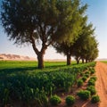 Panoramic view on field with ripening green onions. Agriculture industry in desert areas of the Middle East