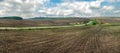 big panoramic view of field with sugar beet in spring, young sprouts and sky Royalty Free Stock Photo