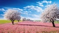 Panoramic view of the field waves with blossoming trees
