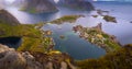 Panoramic view of the fishing town of Reine from the top of the Reinebringen viewpoint in the Lofoten Islands, Norway Royalty Free Stock Photo